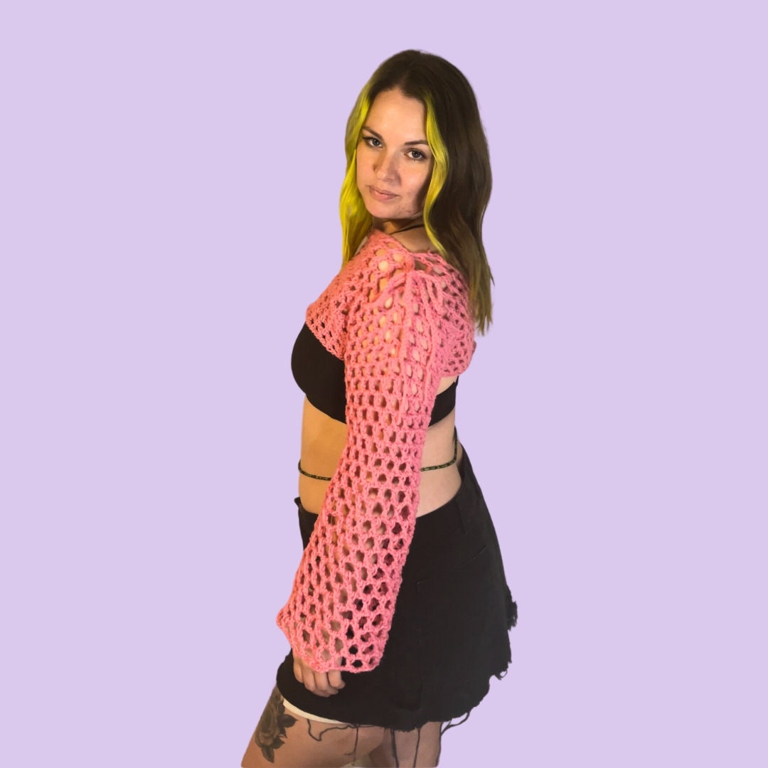 Coquette Crochet Bolero, Pink Crochet Long Sleeve Top With Bows