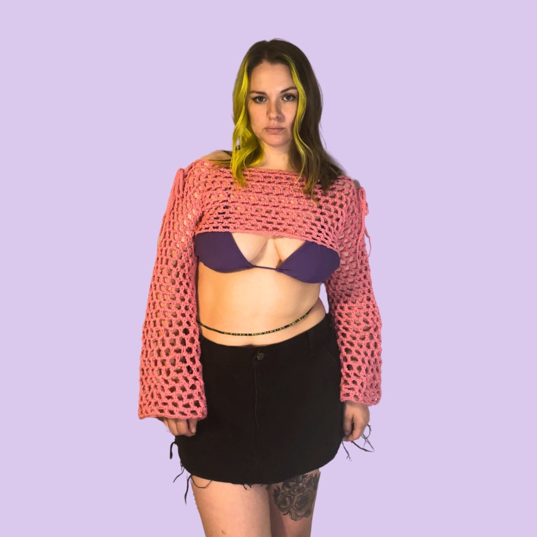 Coquette Crochet Bolero, Pink Crochet Long Sleeve Top With Bows
