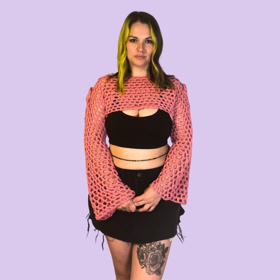 Coquette Crochet Bolero, Pink Crochet Long Sleeve Top With Bows