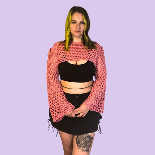Coquette Crochet Bolero, Pink Crochet Long Sleeve Top With Bows