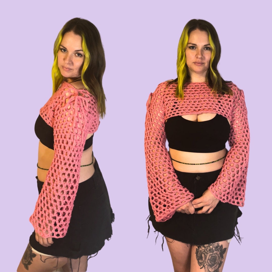 Coquette Crochet Bolero, Pink Crochet Long Sleeve Top With Bows