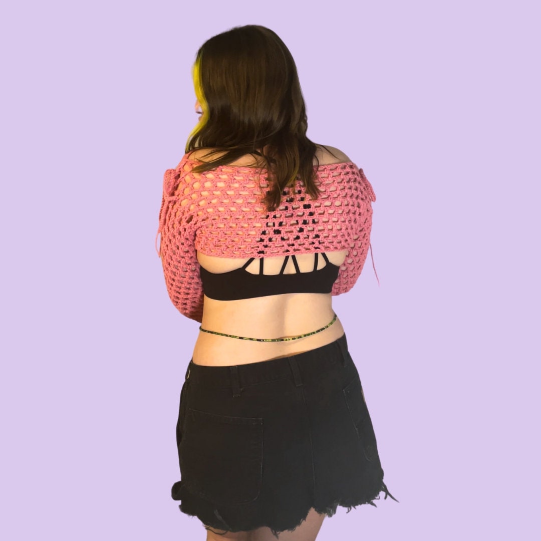 Coquette Crochet Bolero, Pink Crochet Long Sleeve Top With Bows