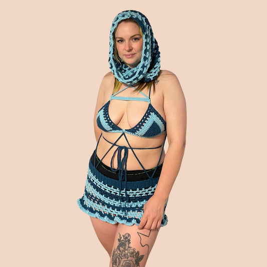 Crochet Festival Outfit, Mini Skirt and Hood Set