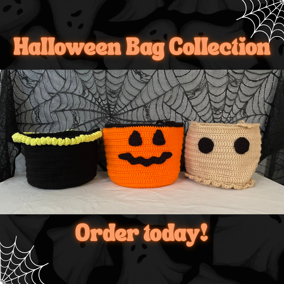 Three crocheted Halloween-themed storage bags displayed against a black spiderweb backdrop. The left bag is a black cauldron with a neon yellow brim, the middle bag is bright orange with a black jack-o'-lantern face, and the right bag is a beige ghost with a black face.